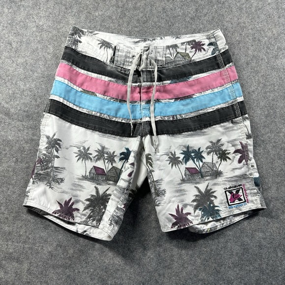 Vtg 80s 90s Billabong x Board‎ Shorts 30x9 Color Block Stripes Tropical Print
